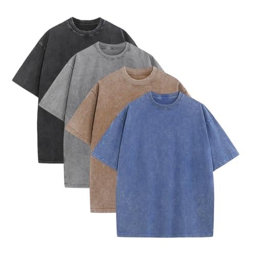 💚💚4 Pack Oversized Tshirts for Men Gym Vintage Heavyweight T Shirts Cotton Workout Acid Wash Baggy Tees