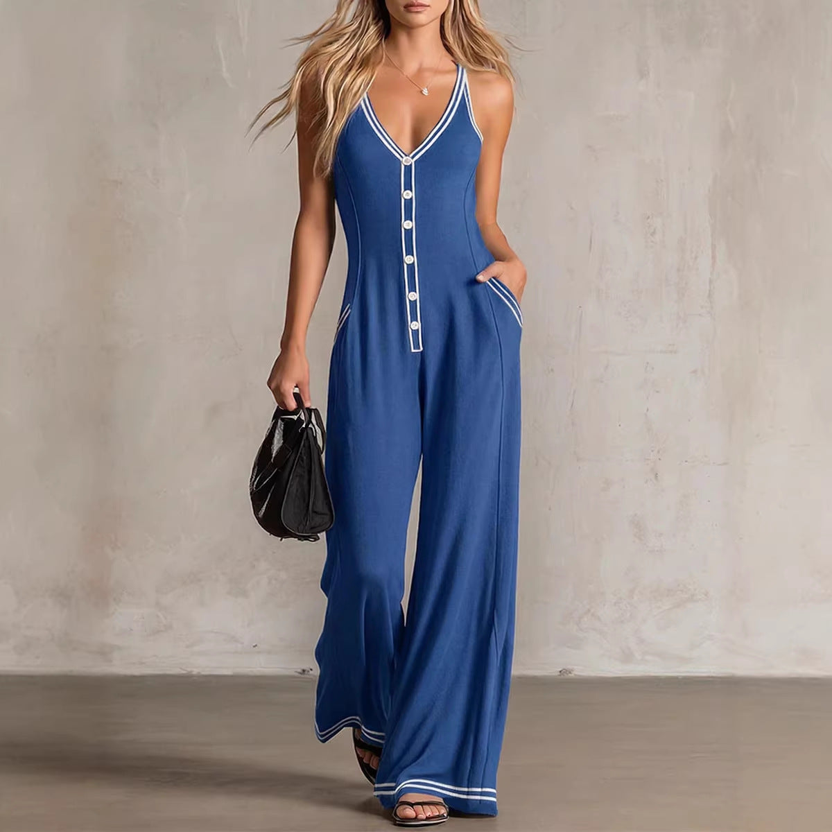 🌷Women's V-Neck Backless Wide-Leg Jumpsuit – High Waist Casual