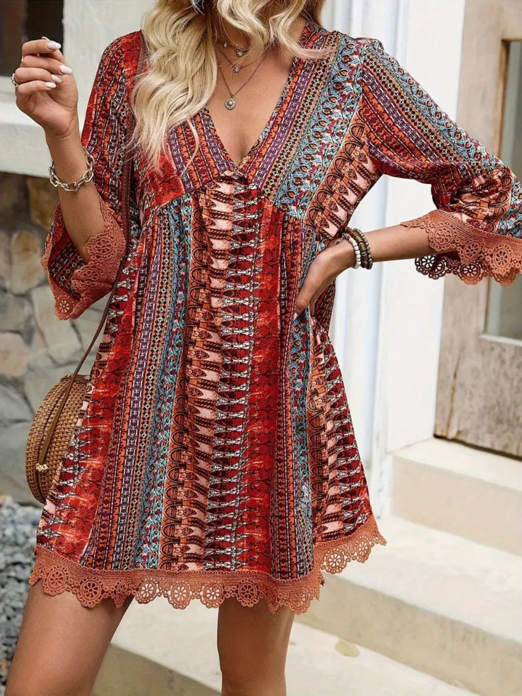 🌷🌷Lace Trim Printed V-Neck 3/4 Sleeve Dress(S-5XL)