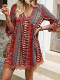 🌷🌷Lace Trim Printed V-Neck 3/4 Sleeve Dress(S-5XL)