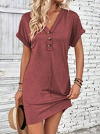 🌷🌷Francesca Quarter Button V-Neck Short Sleeve Dress
