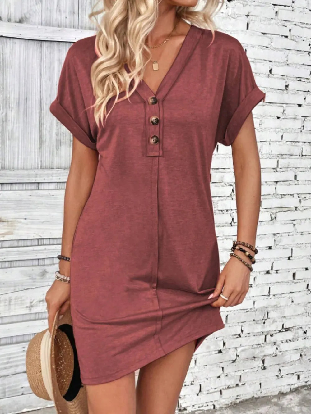 🌷🌷Francesca Quarter Button V-Neck Short Sleeve Dress