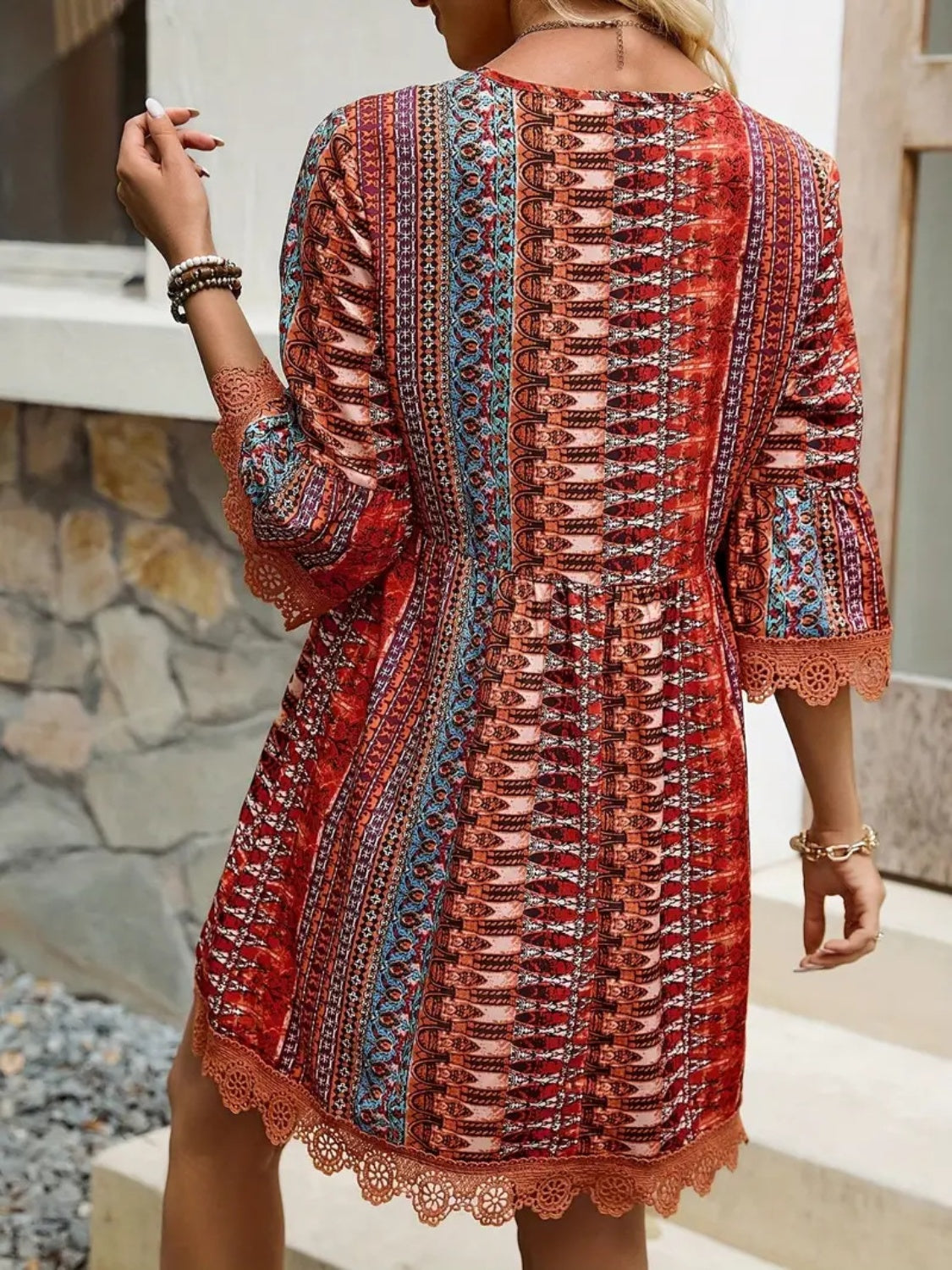 🌷🌷Lace Trim Printed V-Neck 3/4 Sleeve Dress(S-5XL)