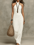 🌷🌷Relaxed Soft Drape Halter Column Linen Halter Maxi Dress