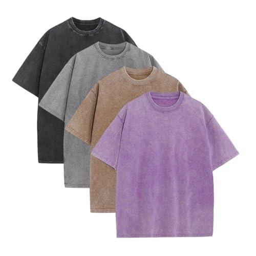 💚💚4 Pack Oversized Tshirts for Men Gym Vintage Heavyweight T Shirts Cotton Workout Acid Wash Baggy Tees