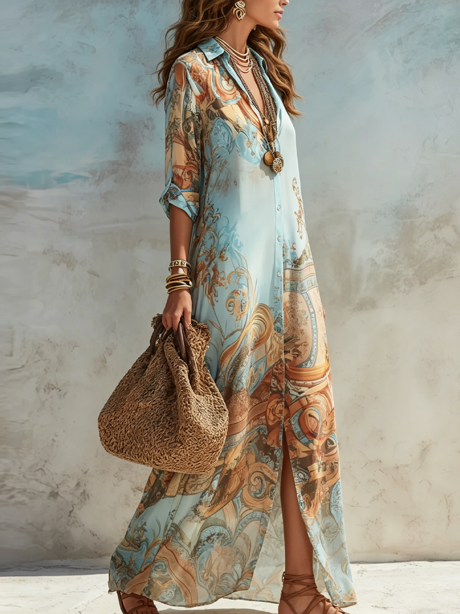🌿🌿Last day 50%OFF Baroque Style Floral Blue Chiffon Maxi Dress