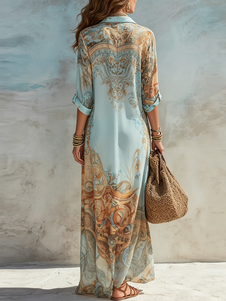 🌿🌿Last day 50%OFF Baroque Style Floral Blue Chiffon Maxi Dress