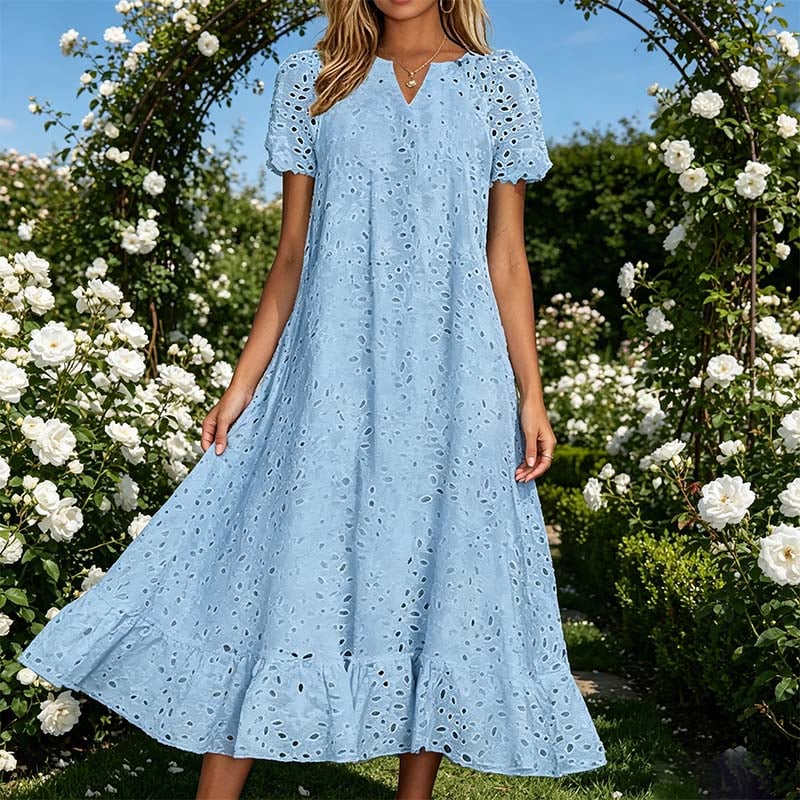 🌿🌿Today 49% off🔥2026 White Eyelet Summer Dress with V-Neck – Airy Women's Dress for Garden Parties & Weddings