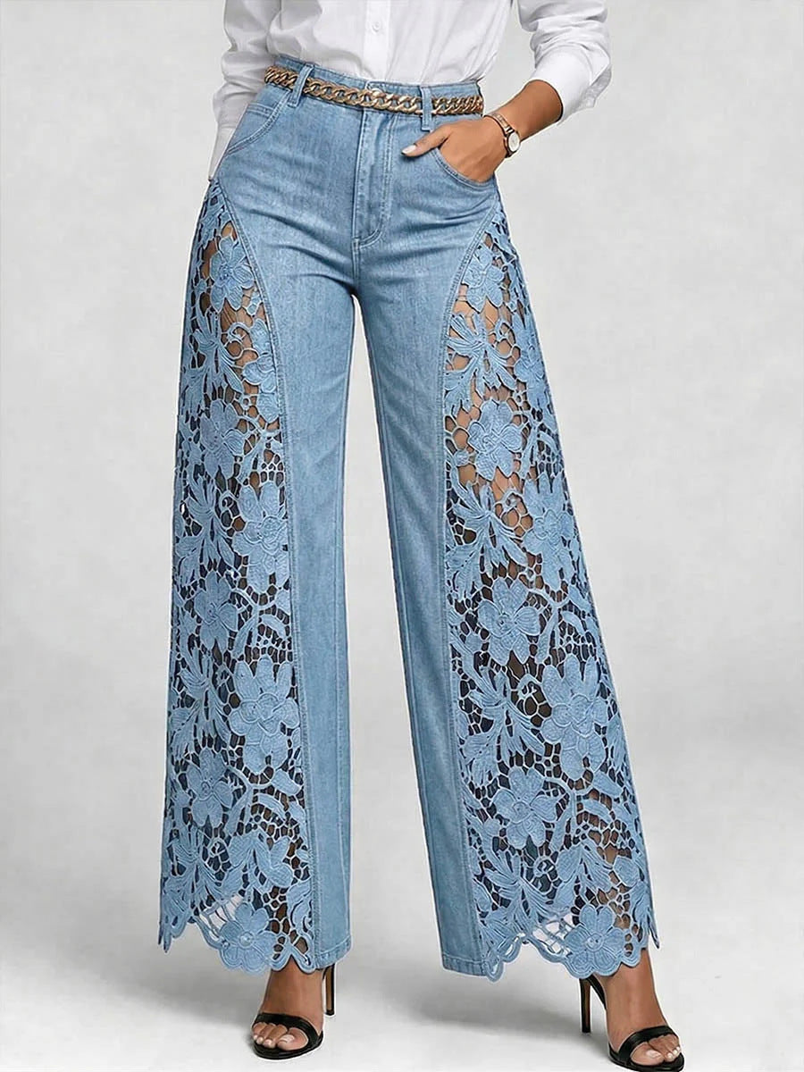 🌷Pantalones vaqueros de mujer de talle alto y pierna ancha con inserciones de encaje y bolsillos