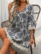 🌷🌷Lace Trim Printed V-Neck 3/4 Sleeve Dress(S-5XL)