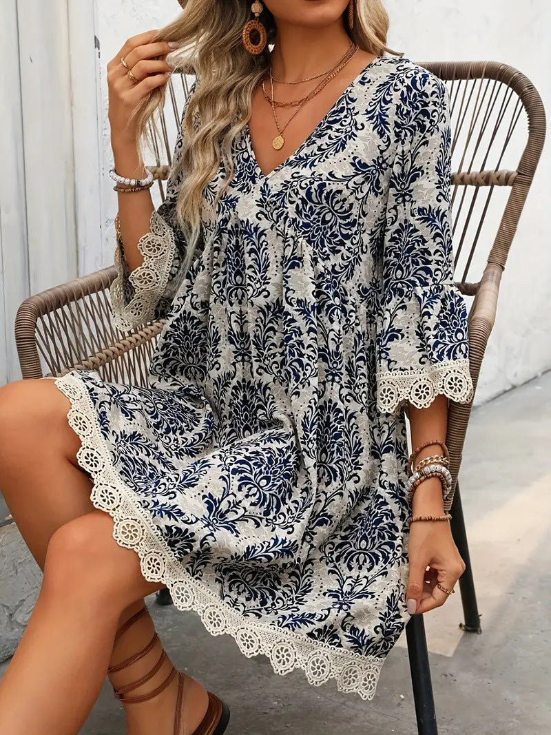 🌷🌷Lace Trim Printed V-Neck 3/4 Sleeve Dress(S-5XL)