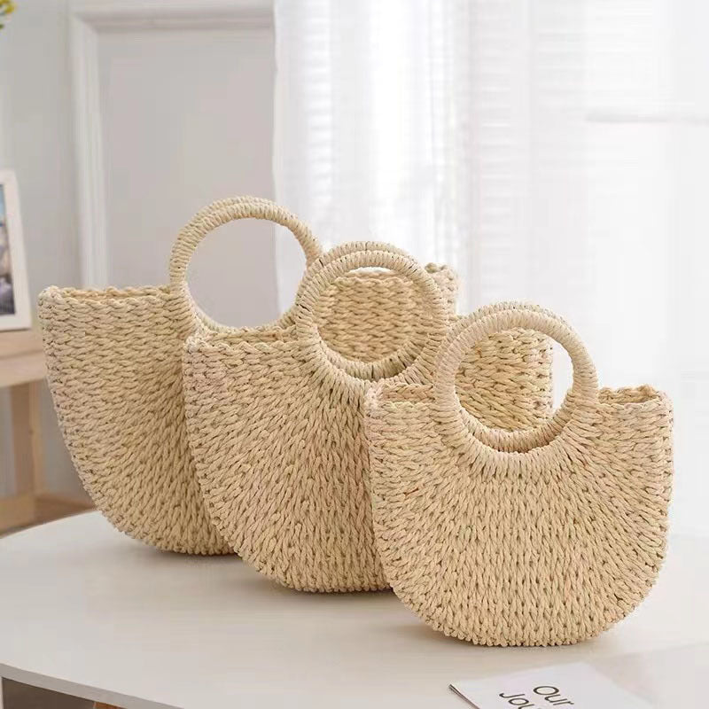🌷Women woven summer beach half moon shoulder bags vintage