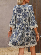 🌷🌷Lace Trim Printed V-Neck 3/4 Sleeve Dress(S-5XL)