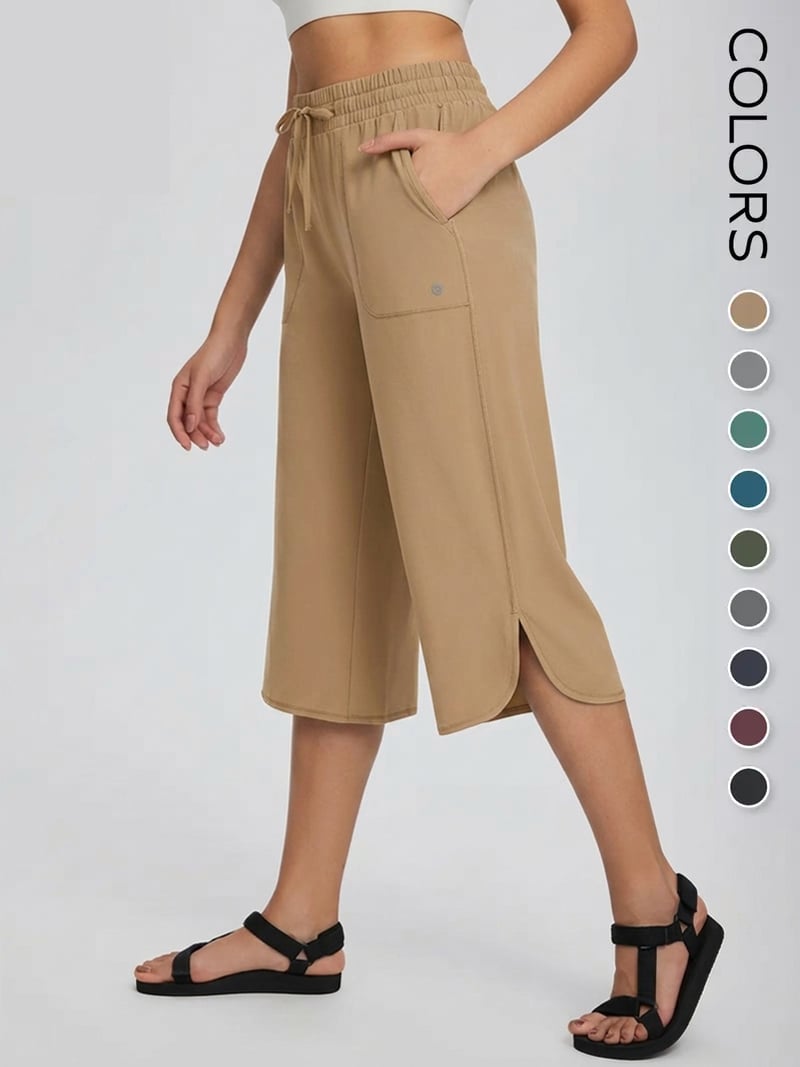 🌷 Women's Wide Leg Yoga Capris – High Waisted with Pockets, Quick Dry, Lightweight, UPF 50+ Sun Protection – Loose Comfy for Hiking, Gym, Travel & Outdoor Workout ☀️