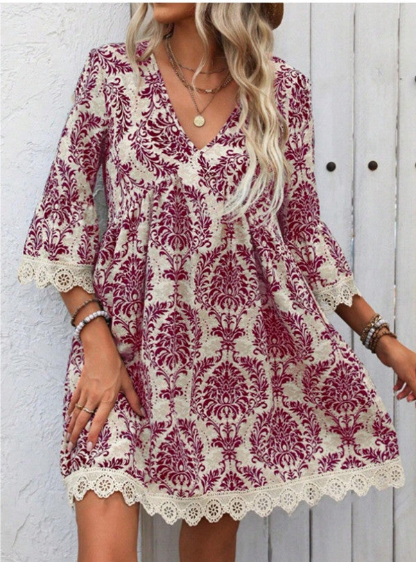 🌷🌷Lace Trim Printed V-Neck 3/4 Sleeve Dress(S-5XL)
