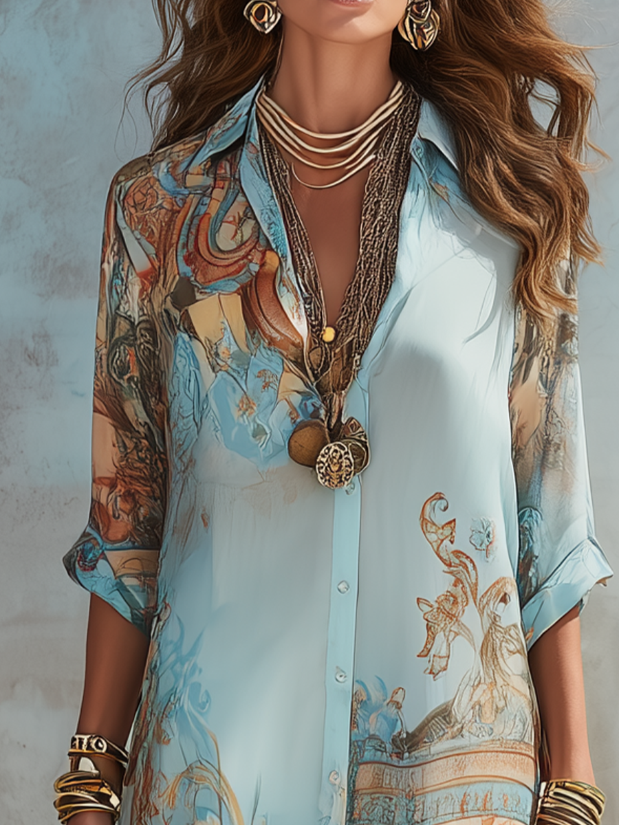 🌿🌿Last day 50%OFF Baroque Style Floral Blue Chiffon Maxi Dress