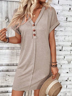 🌷🌷Francesca Quarter Button V-Neck Short Sleeve Dress