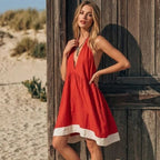 🌷Backless Deep V Halter Dress with White Hem