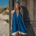 🌷Backless Deep V Halter Dress with White Hem