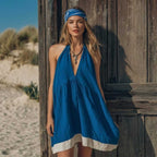 🌷Backless Deep V Halter Dress with White Hem