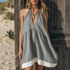 🌷Backless Deep V Halter Dress with White Hem