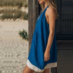 🌷Backless Deep V Halter Dress with White Hem