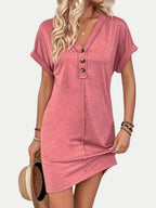🌷🌷Francesca Quarter Button V-Neck Short Sleeve Dress