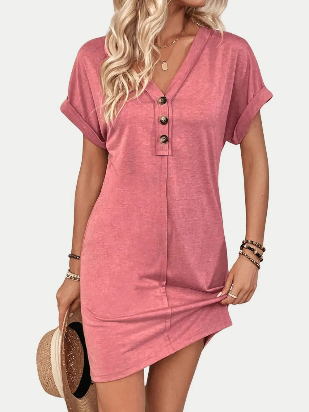 🌷🌷Francesca Quarter Button V-Neck Short Sleeve Dress