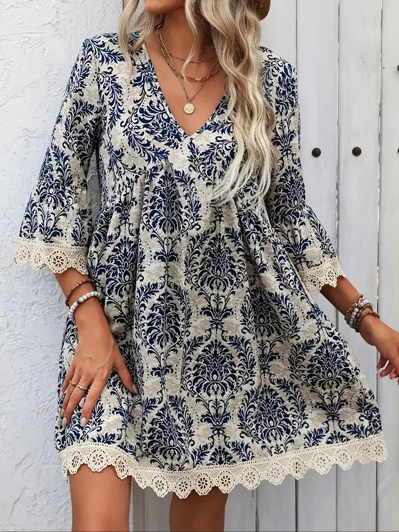 🌷🌷Lace Trim Printed V-Neck 3/4 Sleeve Dress(S-5XL)