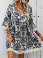 🌷🌷Lace Trim Printed V-Neck 3/4 Sleeve Dress(S-5XL)