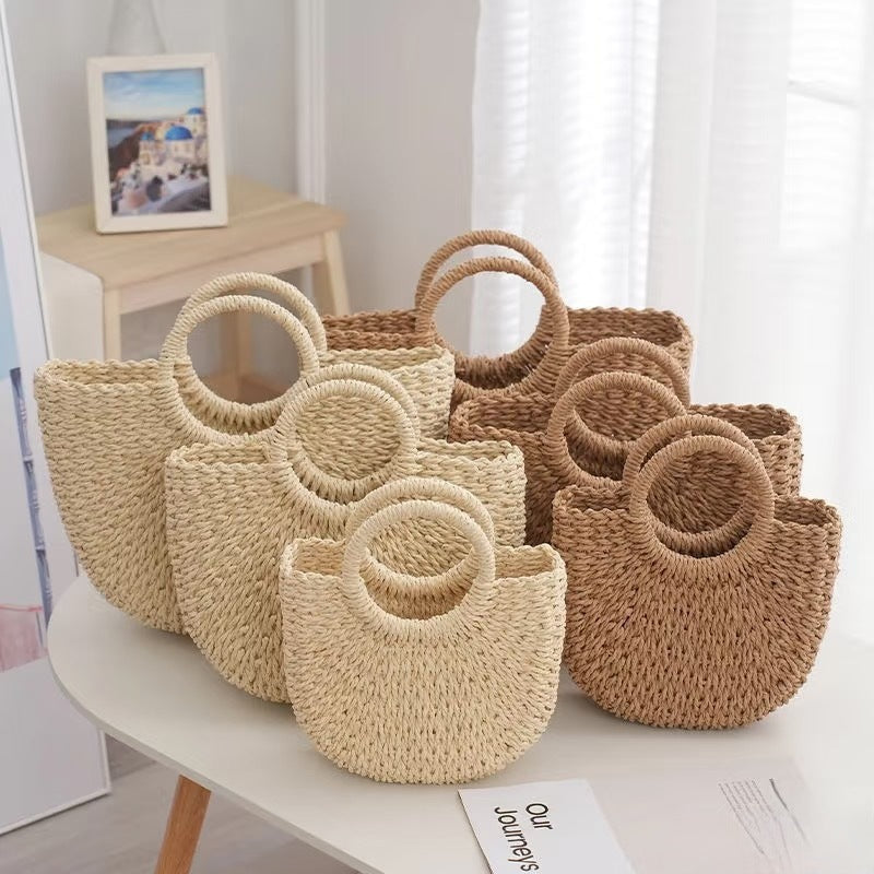 🌷Women woven summer beach half moon shoulder bags vintage