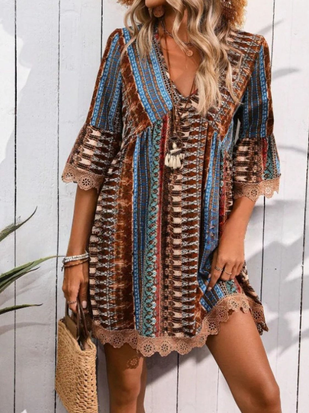 🌷🌷Lace Trim Printed V-Neck 3/4 Sleeve Dress(S-5XL)