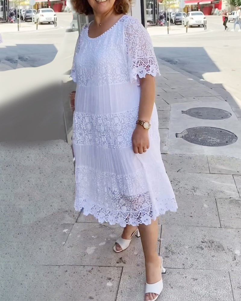 🔥50% OFF🔥 Solid Color Short Sleeve Lace Dress