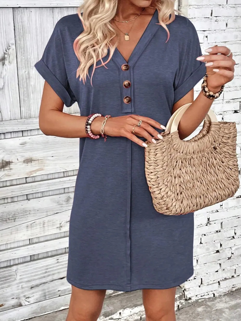 🌷🌷Francesca Quarter Button V-Neck Short Sleeve Dress