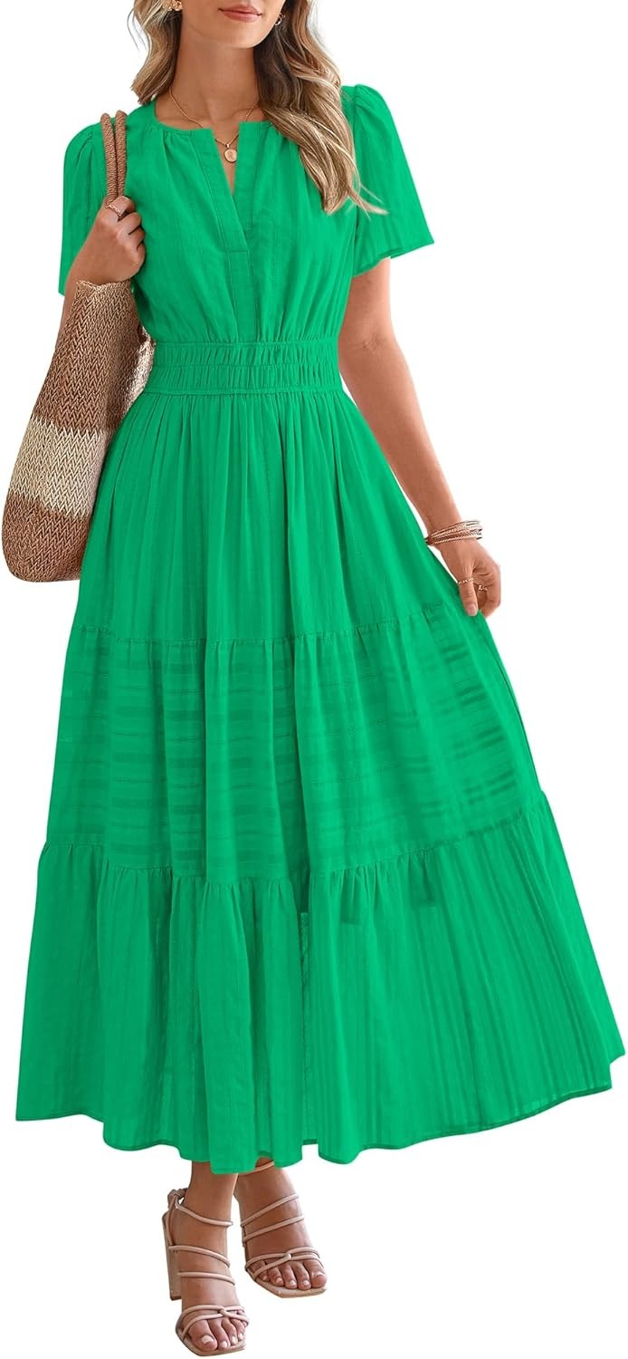 🔥🔥🔥Limited time sale Women's Lightweight Short Sleeve V Neck Elastic Waist Dresses