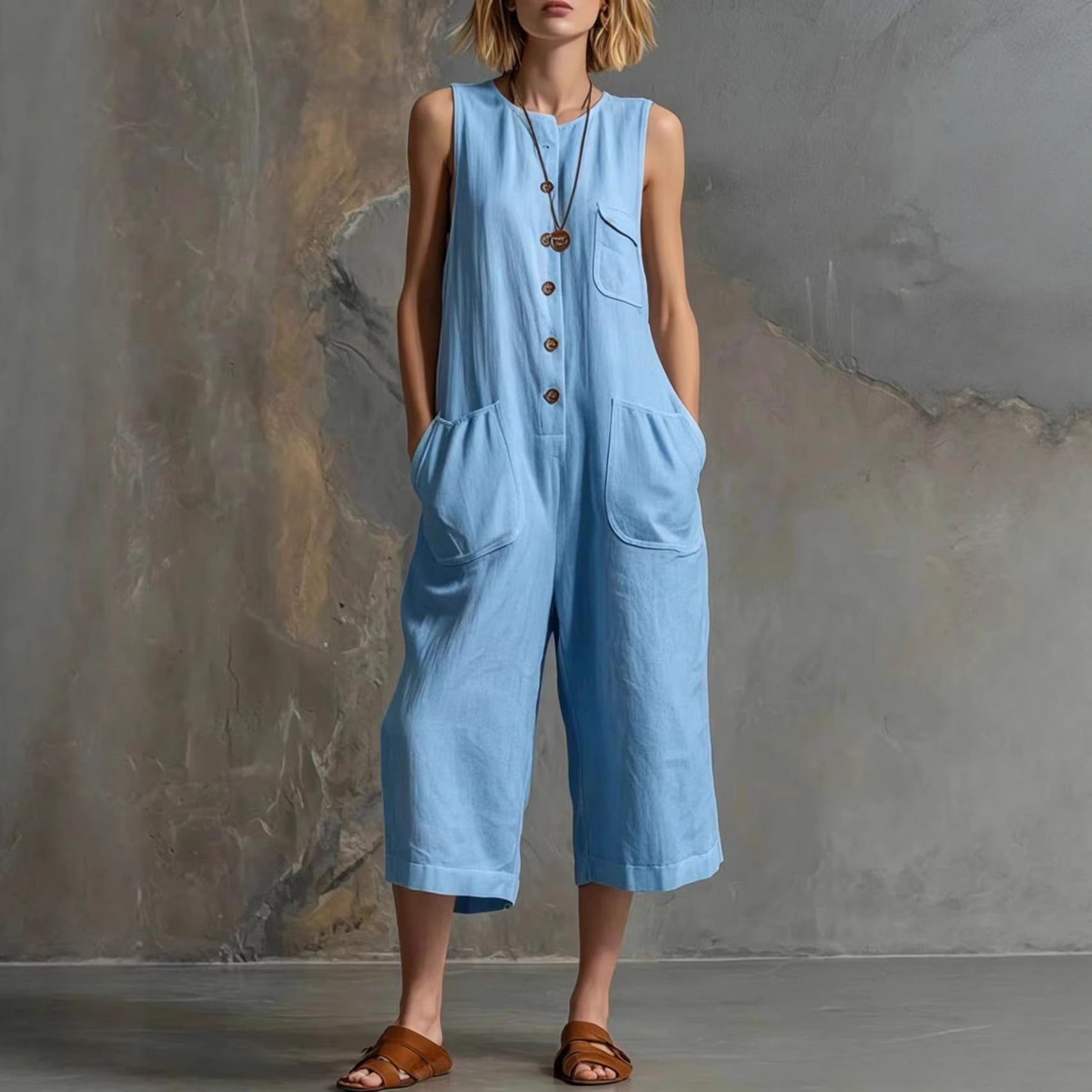 🌷Retro Sleeveless Cotton-Linen Wide-Leg Cropped Jumpsuit