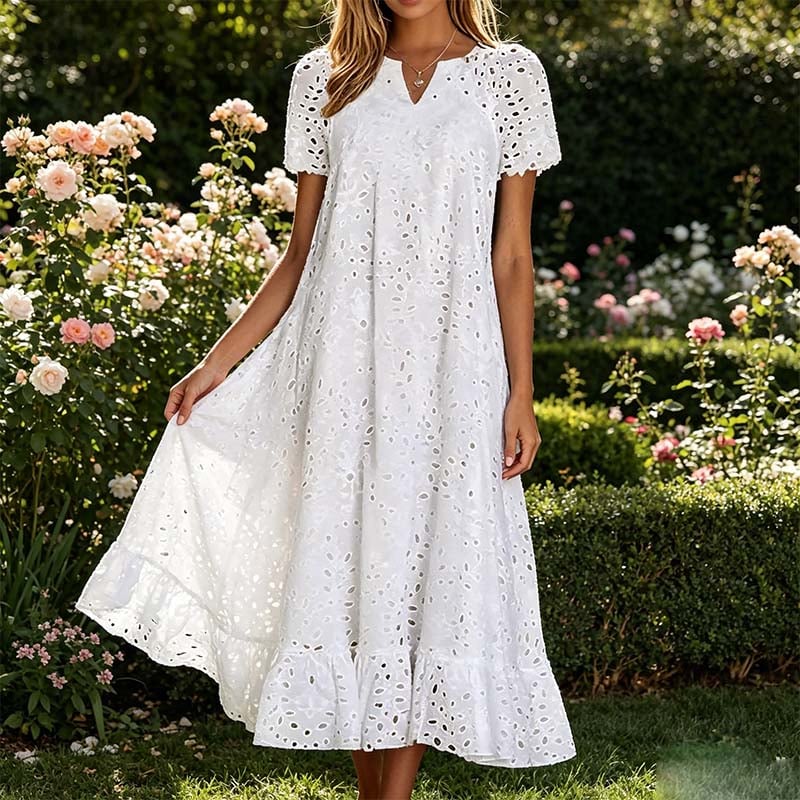 🌿🌿Today 49% off🔥2026 White Eyelet Summer Dress with V-Neck – Airy Women's Dress for Garden Parties & Weddings