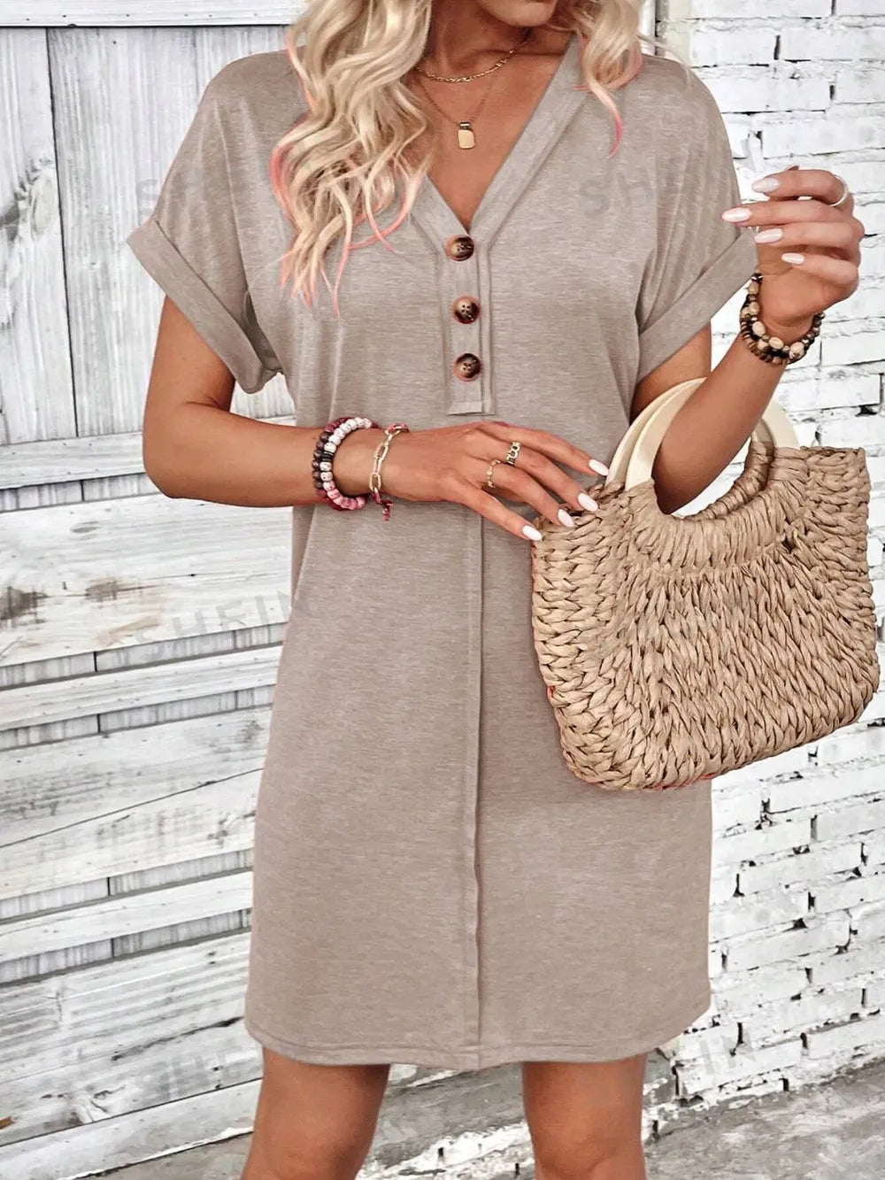 🌷🌷Francesca Quarter Button V-Neck Short Sleeve Dress