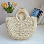🌷Women woven summer beach half moon shoulder bags vintage