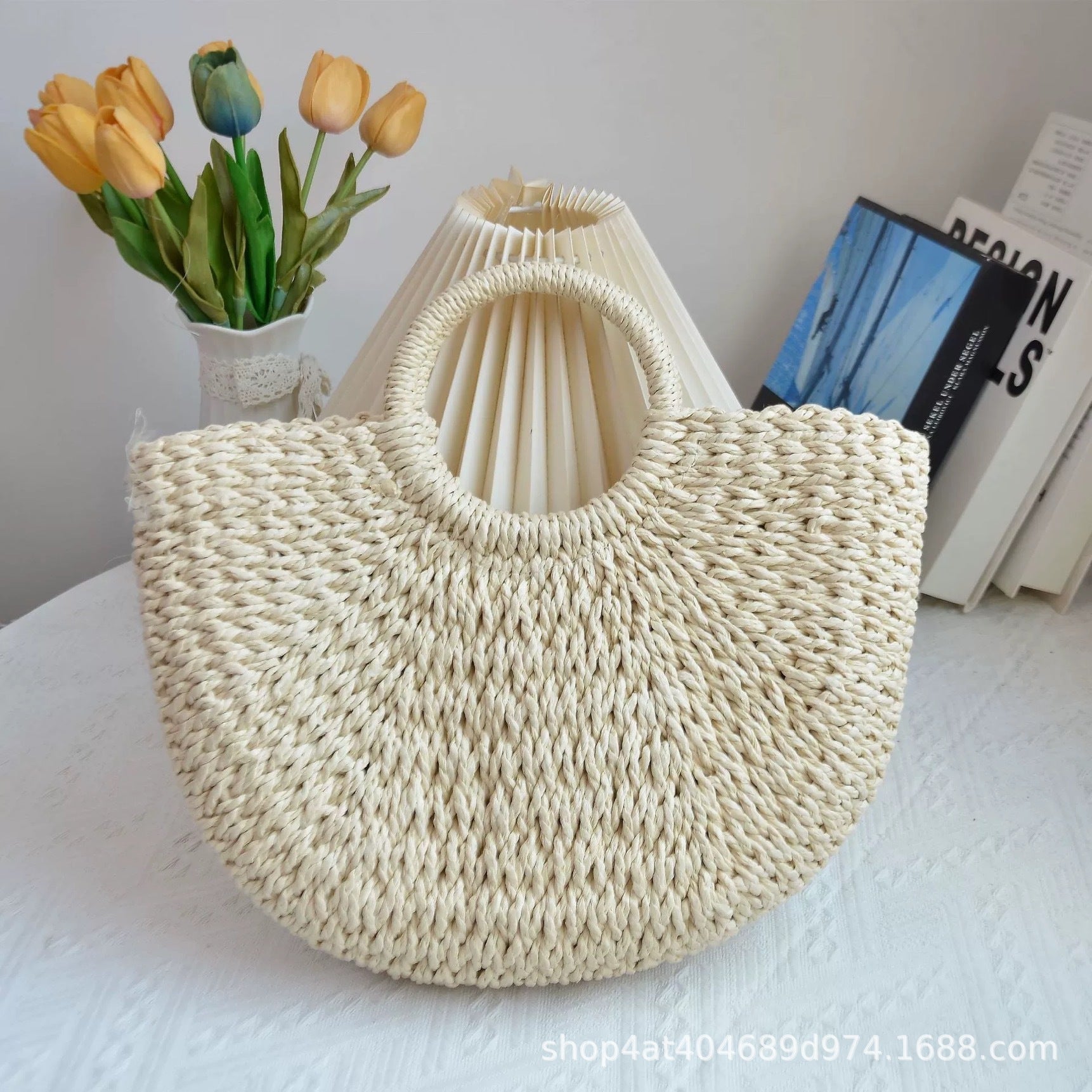 🌷Women woven summer beach half moon shoulder bags vintage