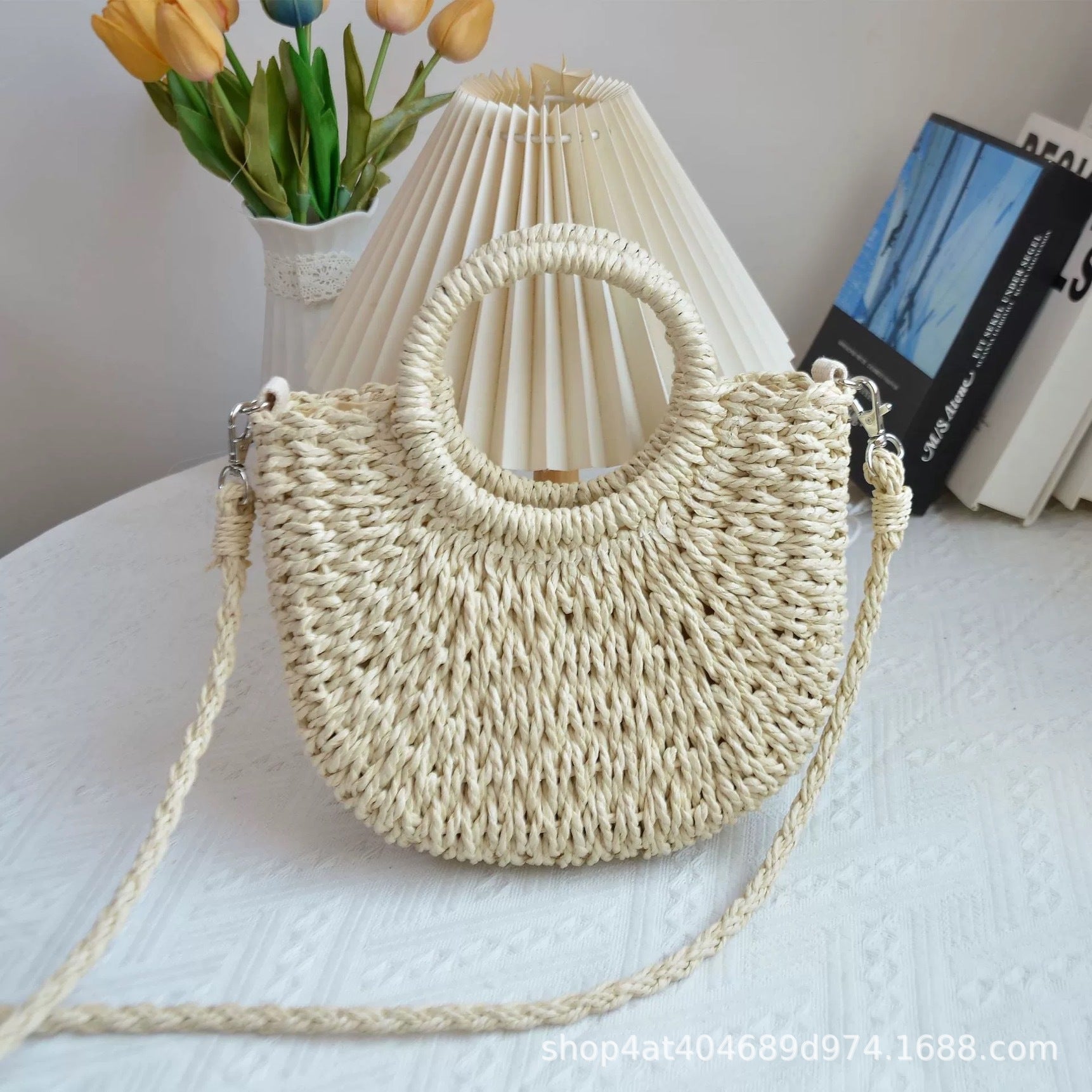 🌷Women woven summer beach half moon shoulder bags vintage
