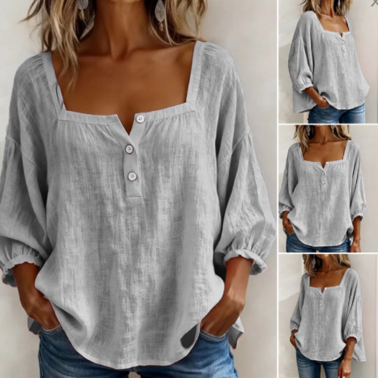 🌿🌿Pink Square-Neck Half-Button Shirt