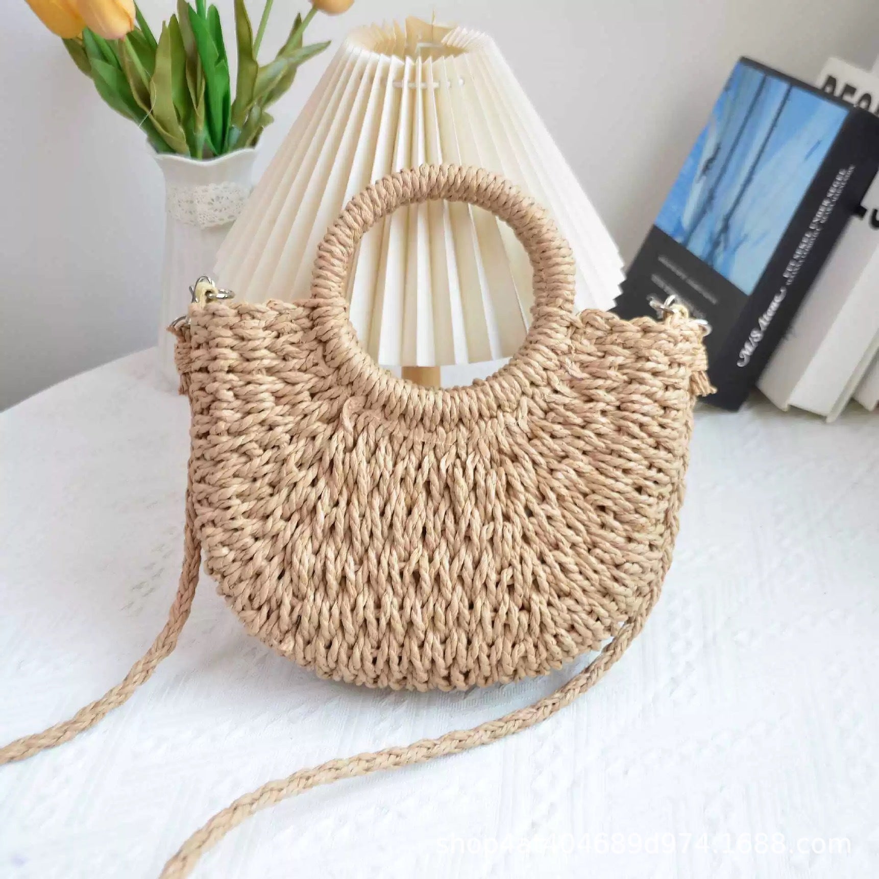 🌷Women woven summer beach half moon shoulder bags vintage