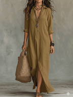 🌷🌷Black Button-Front Bohemian Shirt Maxi Dress