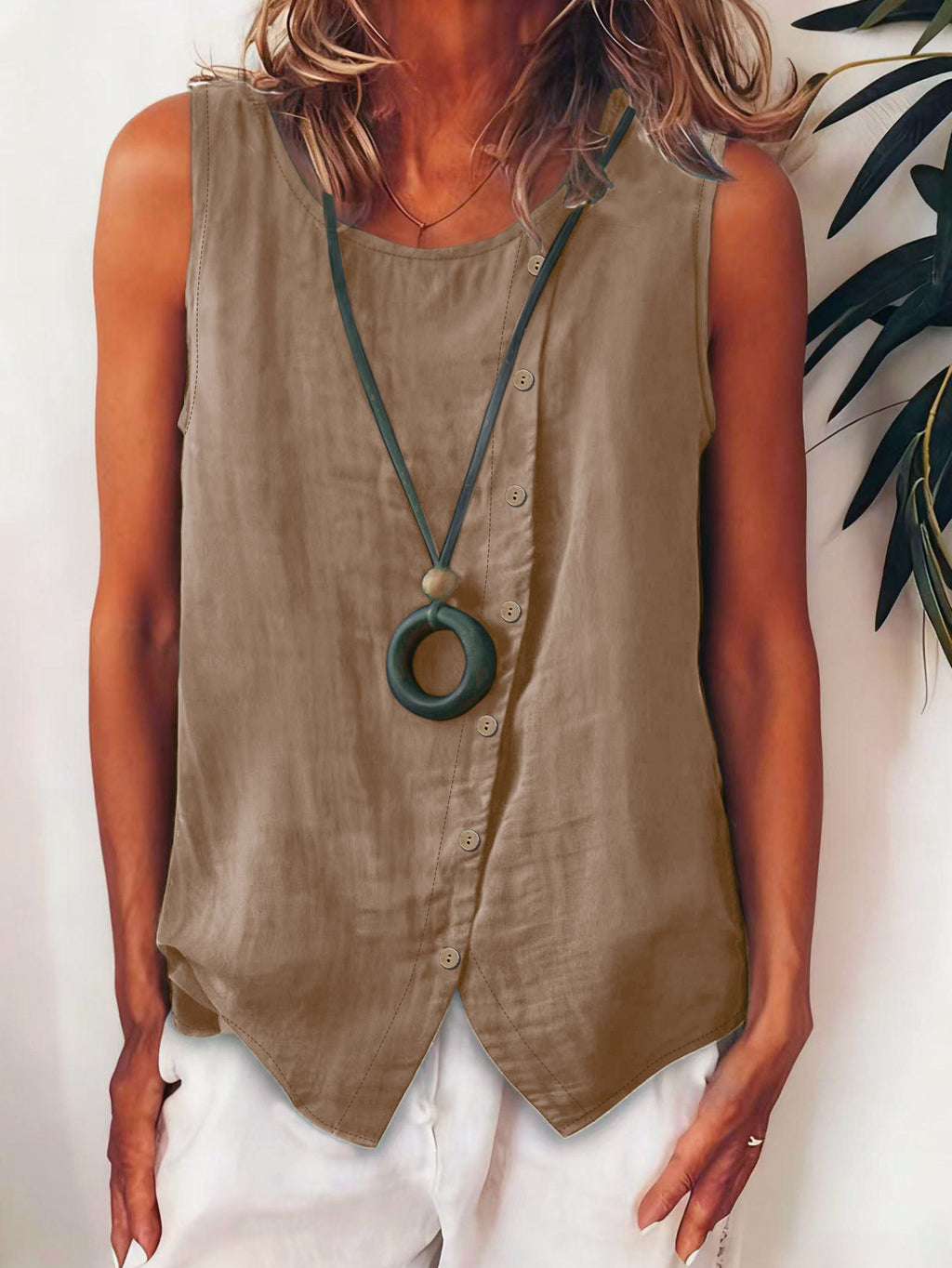 🌷Women's Bohemian Style Camisole Top, Asymmetric Buckle Design, Round Neck, Regular Length Casual  Summer