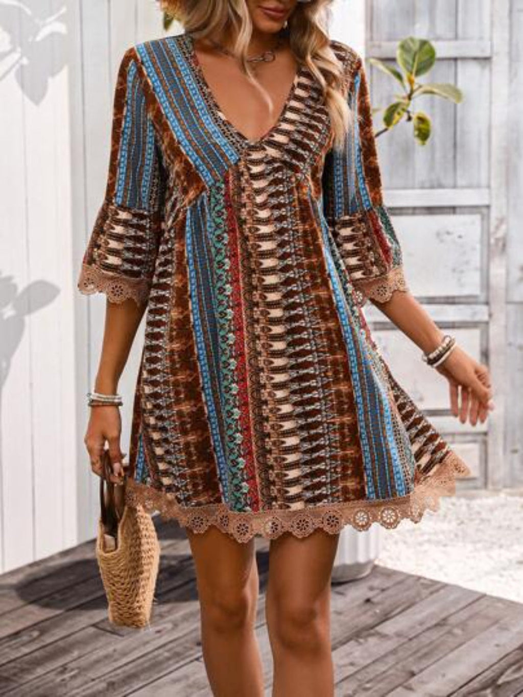 🌷🌷Lace Trim Printed V-Neck 3/4 Sleeve Dress(S-5XL)