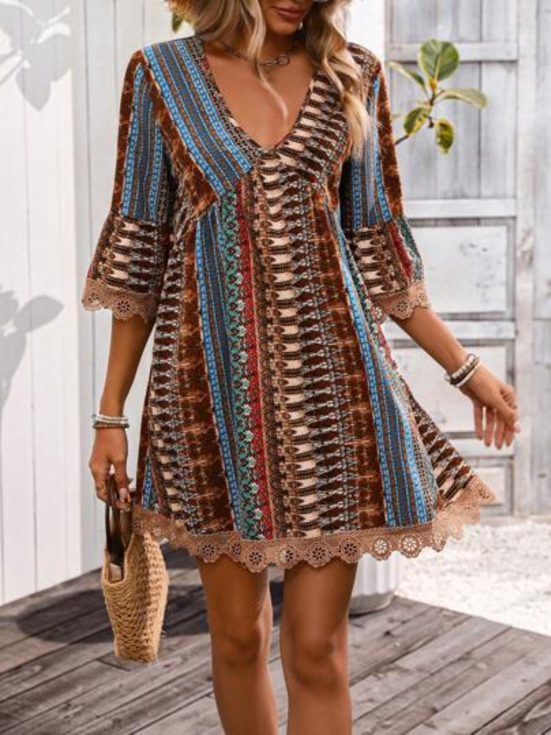 🌷🌷Lace Trim Printed V-Neck 3/4 Sleeve Dress(S-5XL)