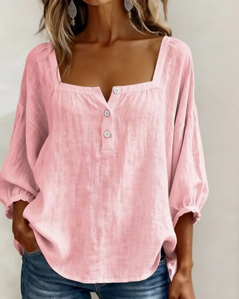 🌿🌿Pink Square-Neck Half-Button Shirt