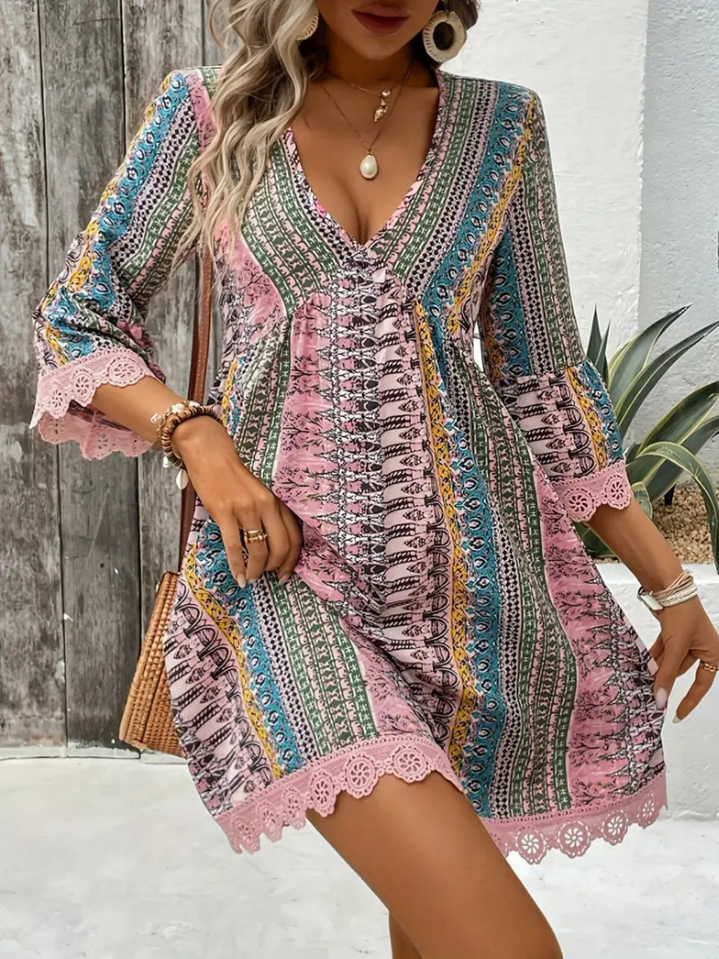 🌷🌷Lace Trim Printed V-Neck 3/4 Sleeve Dress(S-5XL)
