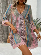 🌷🌷Lace Trim Printed V-Neck 3/4 Sleeve Dress(S-5XL)